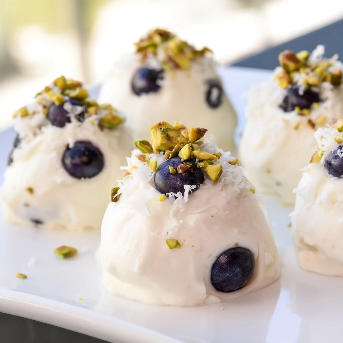 Frozen Blueberry Greek Yogurt Bites stacked on a plate with fresh blueberries and a honey drizzle.  