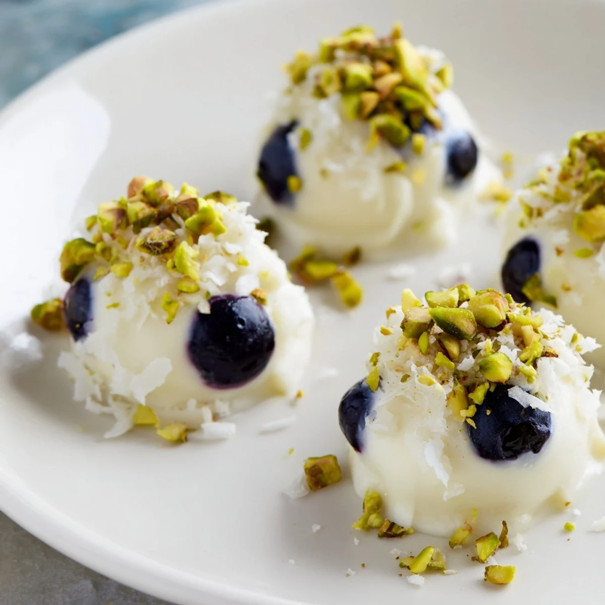Close-up of Blueberry Greek Yogurt Bites showing creamy texture, blueberry centers, and coconut garnish.  
