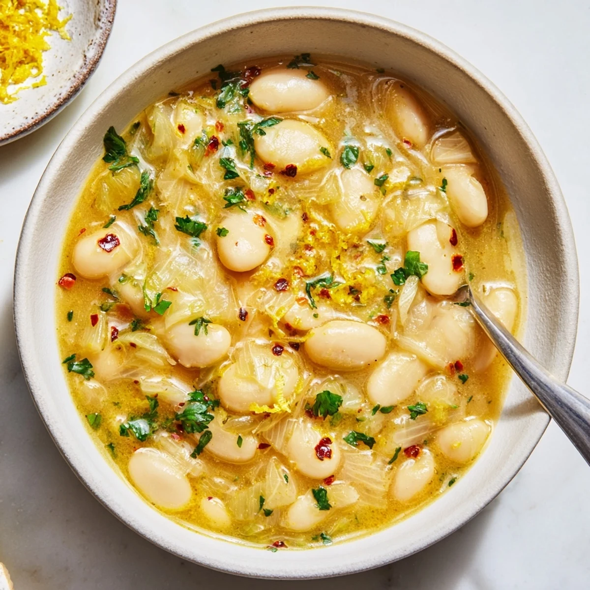 Steaming Miso Butter Brothy Beans served in a rustic bowl, featuring creamy white beans and fragrant herbs.
