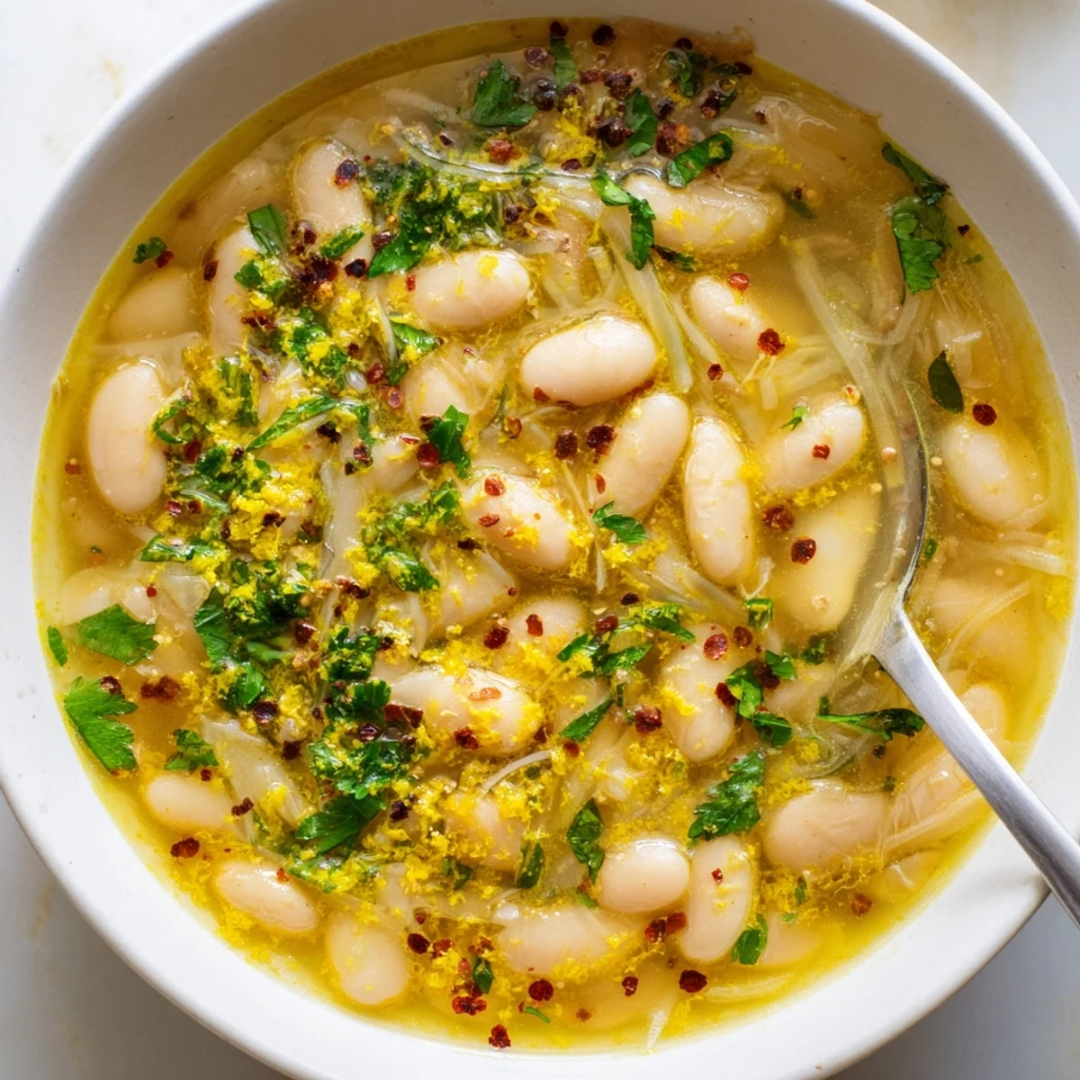 A warm bowl of Miso Butter Brothy Beans garnished with fresh parsley and lemon zest beside crusty bread.
