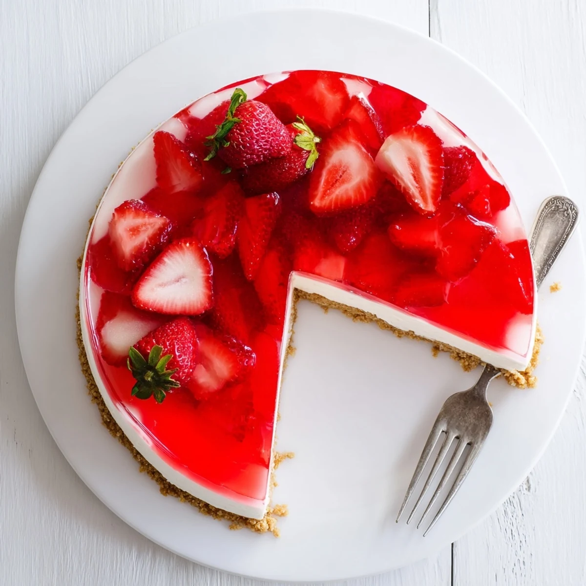 Freshly sliced No Bake Greek Yogurt Jello Cheesecake reveals creamy layers, a vibrant fruity topping, and a buttery graham cracker base on a marble surface.