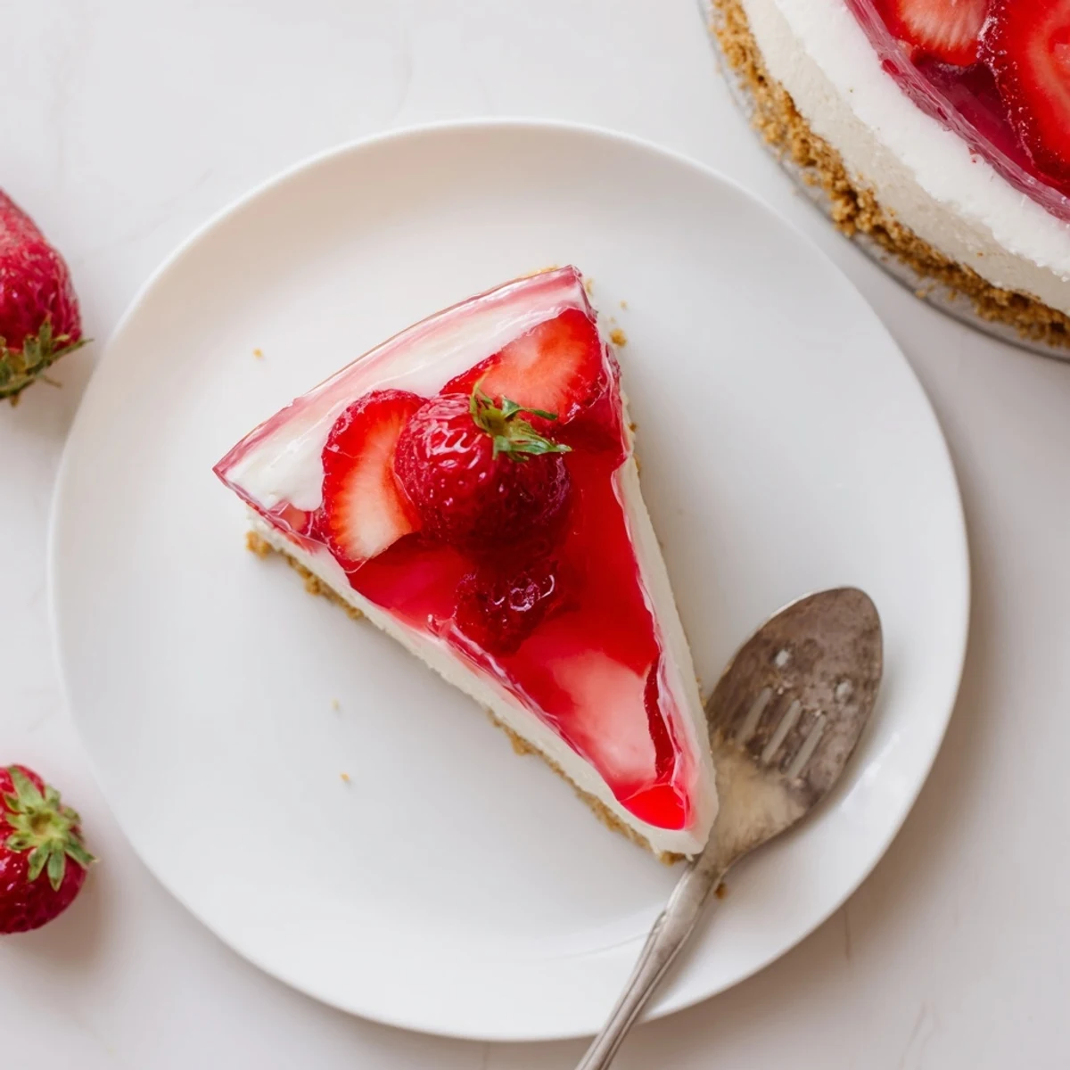 Smooth and tangy No Bake Greek Yogurt Jello Cheesecake with a glossy jello layer, garnished with fresh berries, served chilled on a rustic plate.