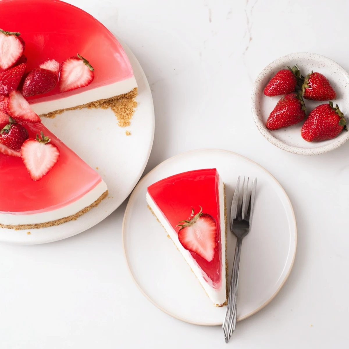 Homemade No Bake Greek Yogurt Jello Cheesecake showcasing a creamy filling and bright jello top, sliced and ready to serve with a dollop of whipped cream.