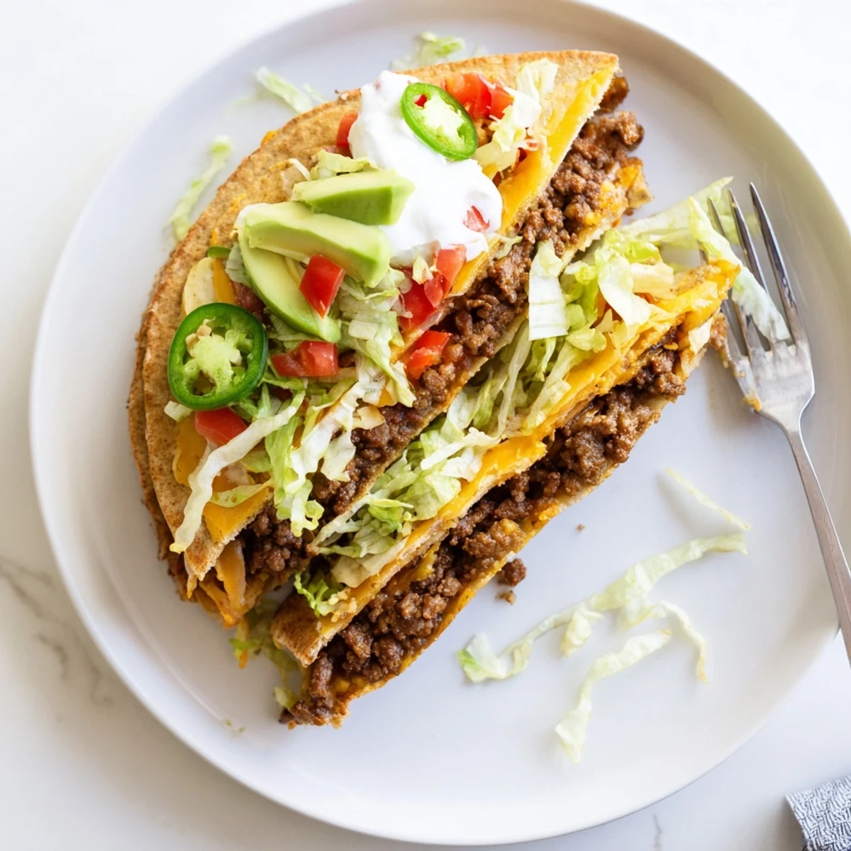 Homemade keto crunchwrap skillet-fried to perfection with layers of ground beef, avocado, tomatoes, and jalapeños in a cheesy almond flour shell