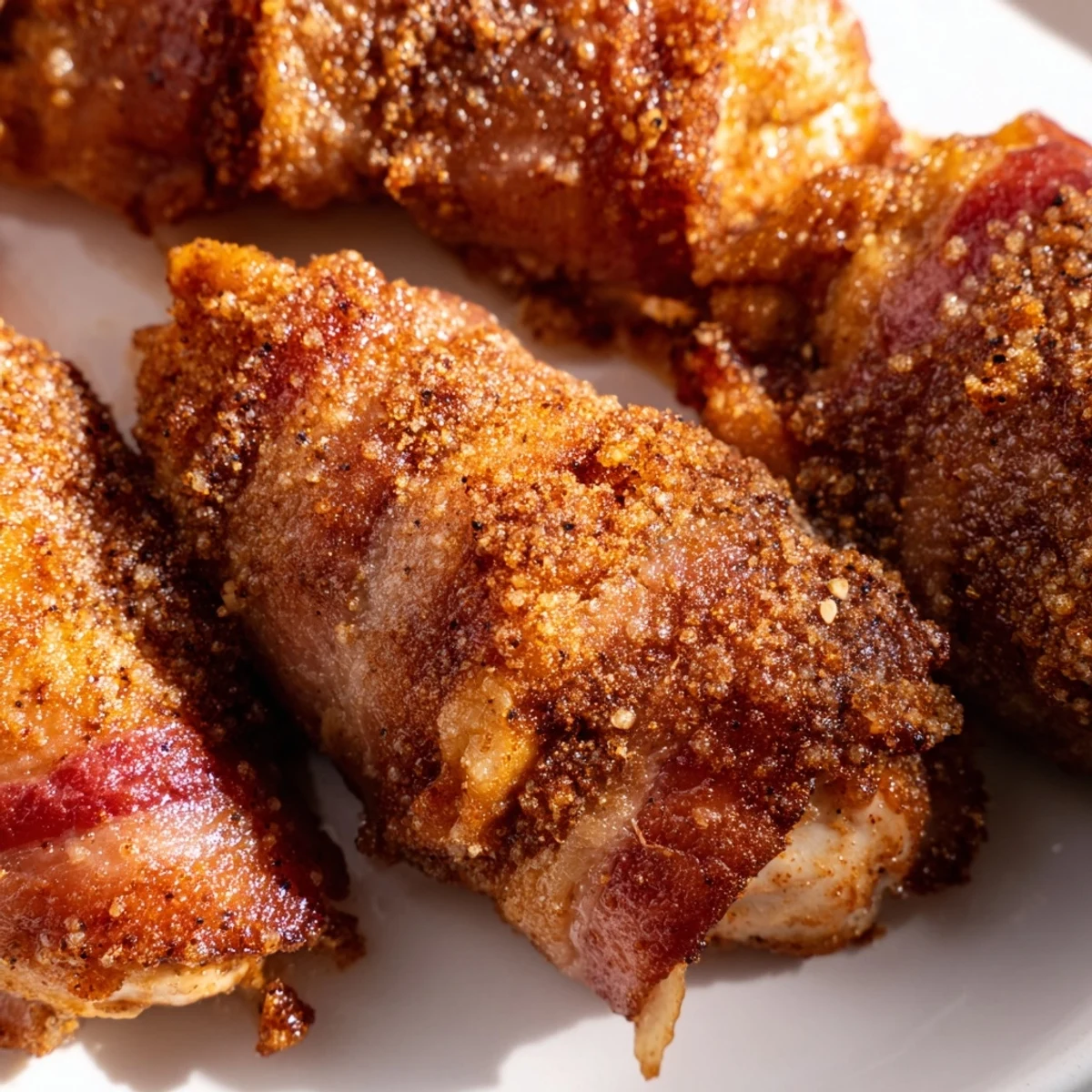 Golden brown Bacon Brown Sugar Chicken Tenders with crispy bacon and caramelized sugar glaze