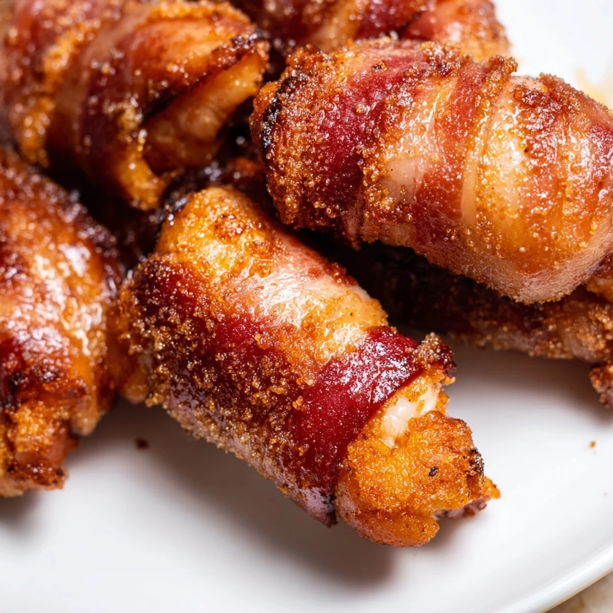Plate of Bacon Brown Sugar Chicken Tenders garnished with fresh herbs and dipping sauce