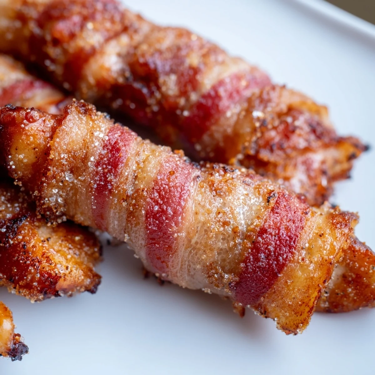 Close-up of Bacon Brown Sugar Chicken Tenders showing crispy bacon edges and sweet coating