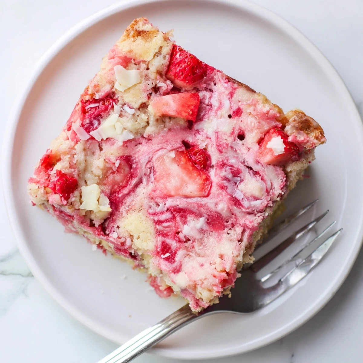 Gooey strawberry earthquake cake with marbled cream cheese swirls and fresh strawberry chunks