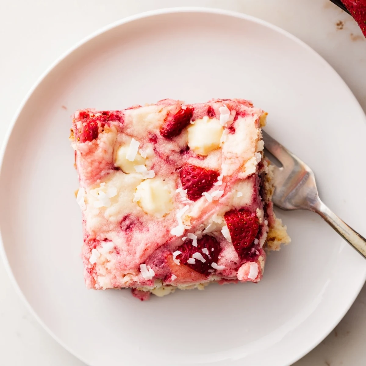 Moist strawberry earthquake cake featuring melted white chocolate chips and cracked chocolate coconut topping