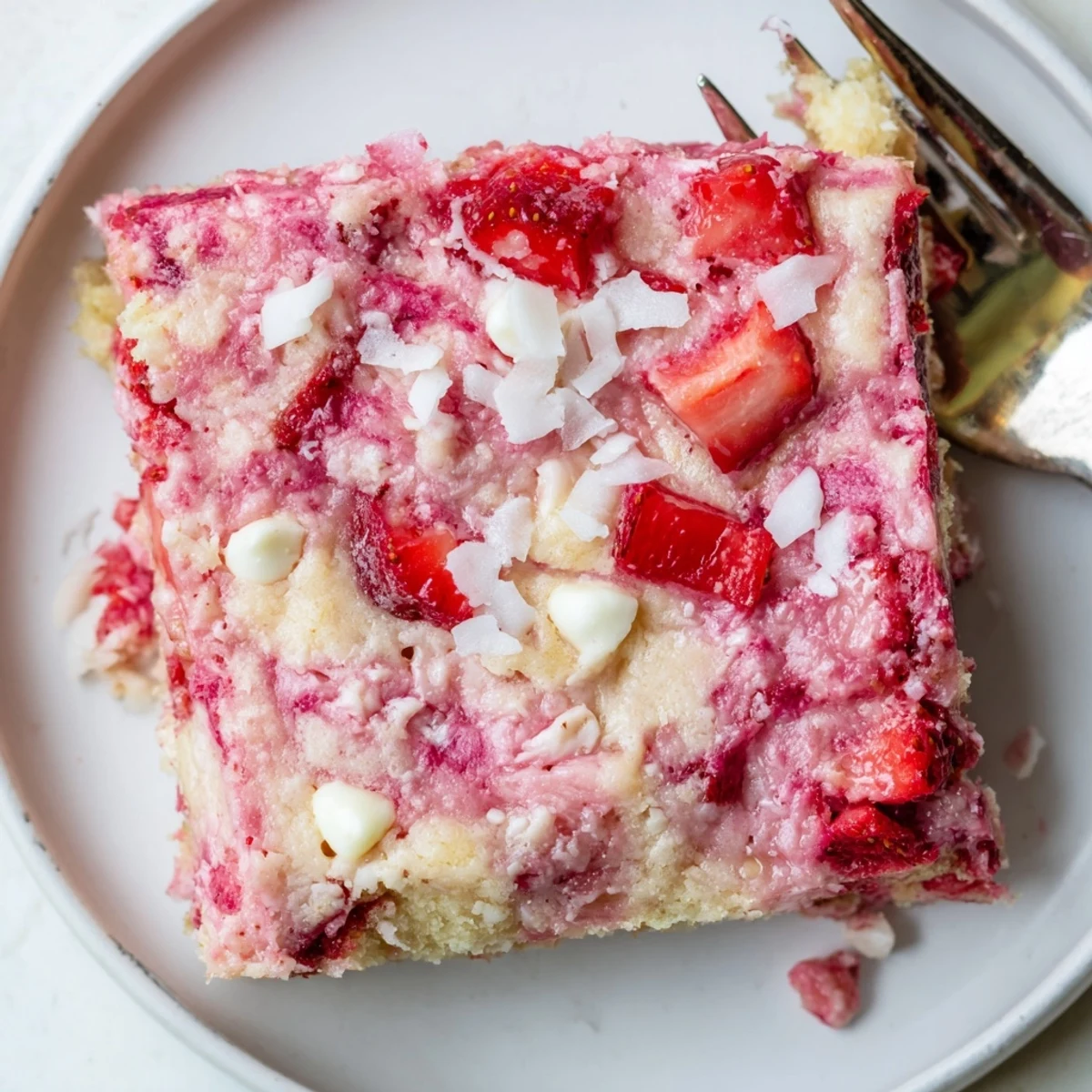 Homemade gooey strawberry earthquake cake served warm with creamy cream cheese pockets and strawberry pieces
