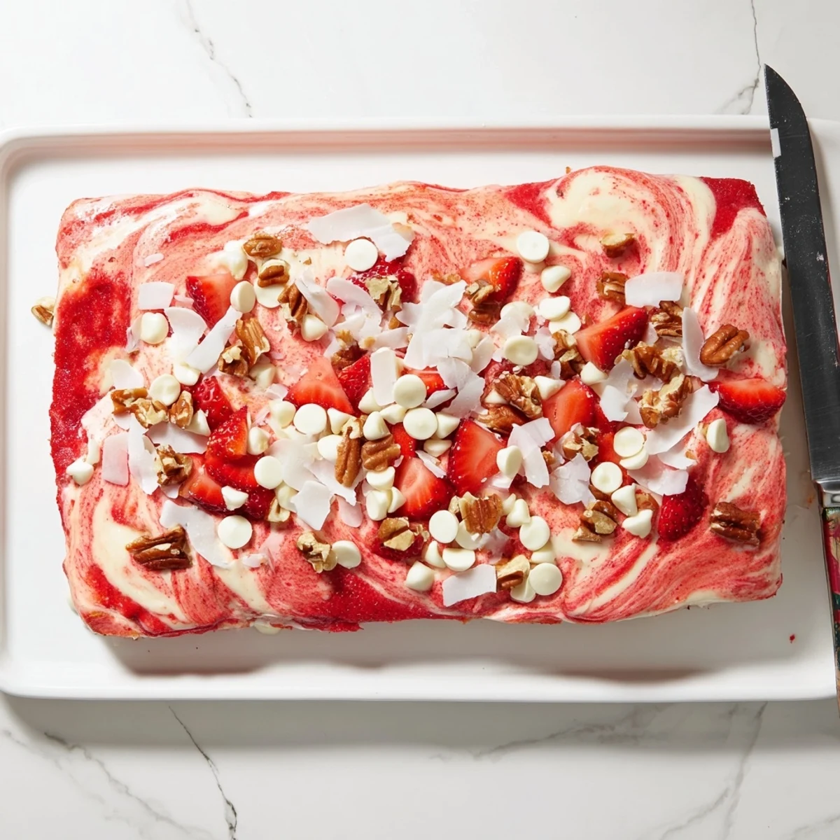 Golden strawberry earthquake cake with swirled cream cheese and white chocolate chips topping