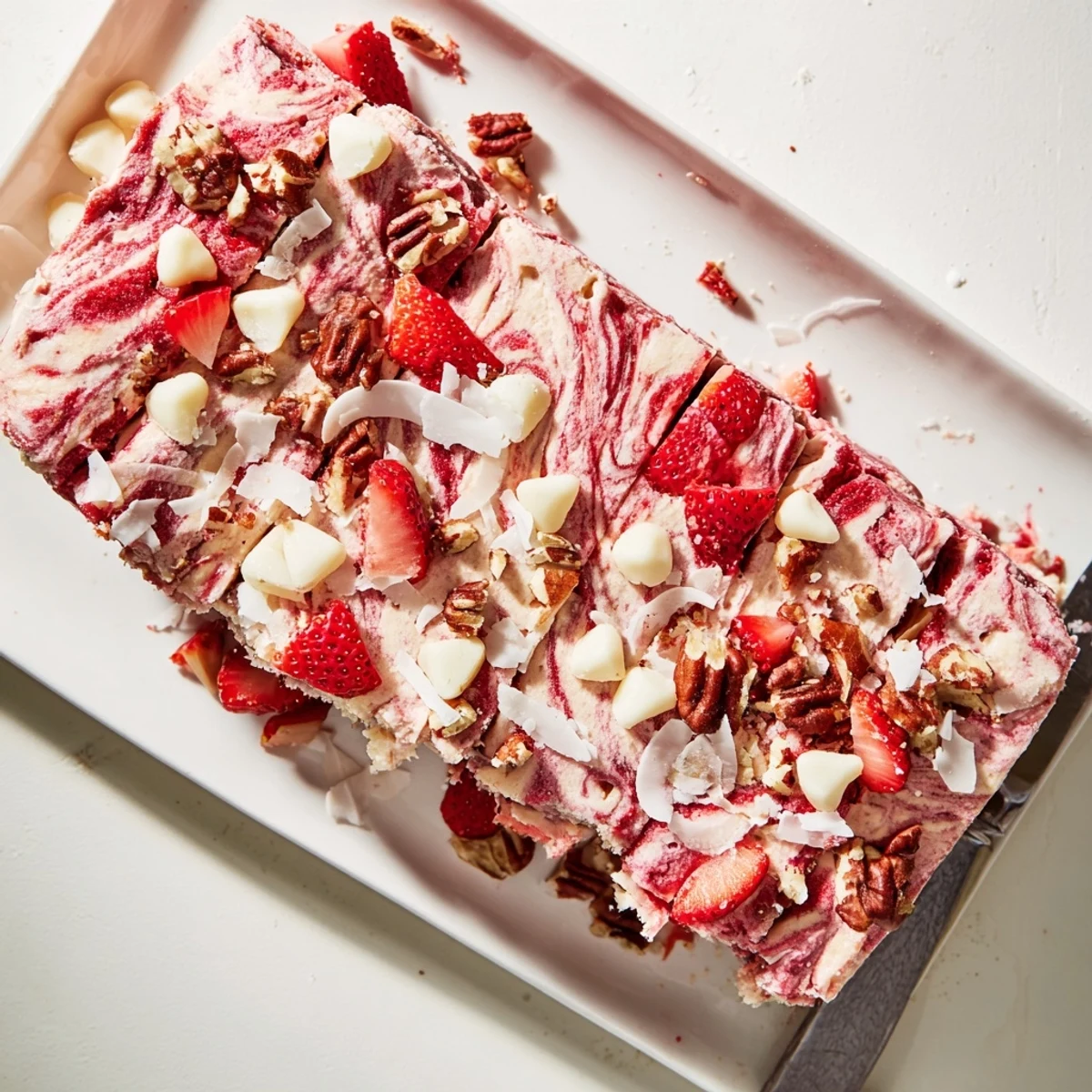 Decadent strawberry earthquake cake featuring marbled cream cheese filling and fresh chopped strawberries