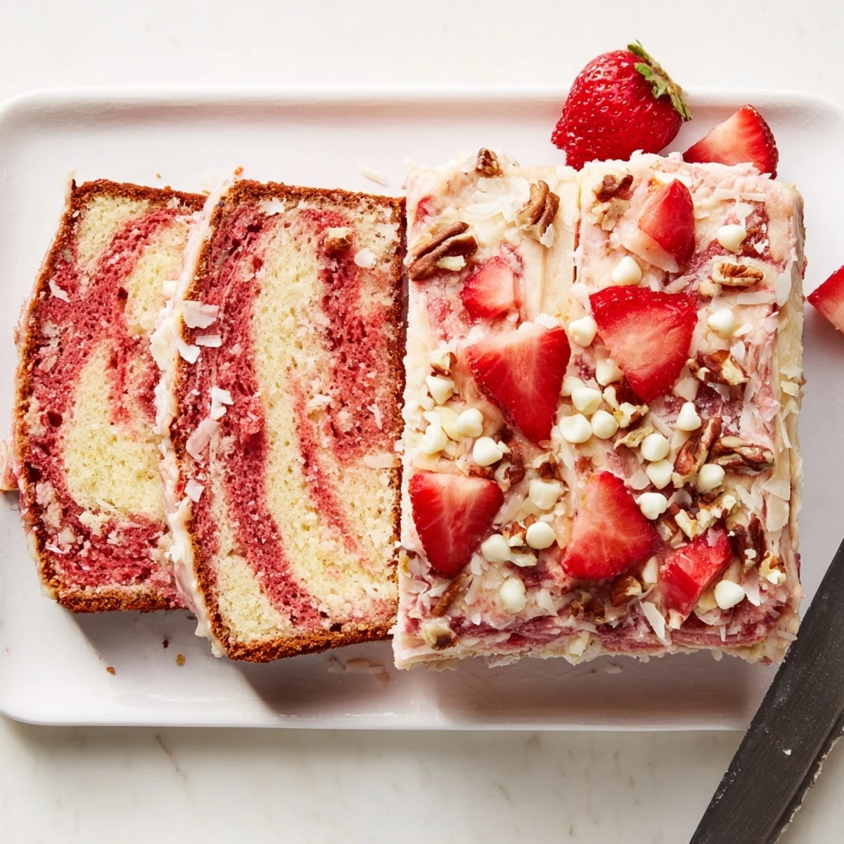 Rustic strawberry earthquake cake baked with coconut pecans and creamy vanilla swirls