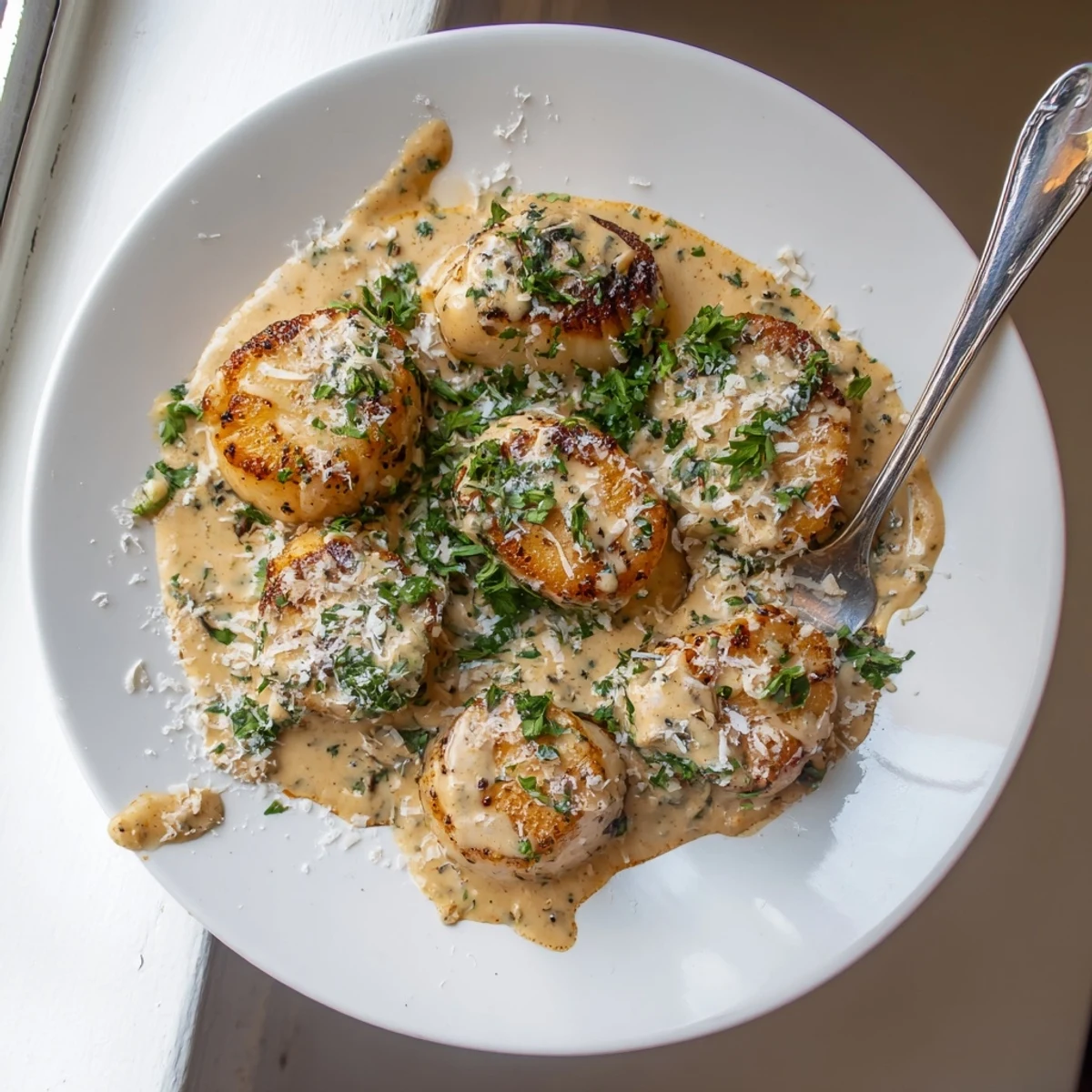 Plump sea scallops with crispy golden edges drizzled with creamy Cajun spiced sauce on white plate