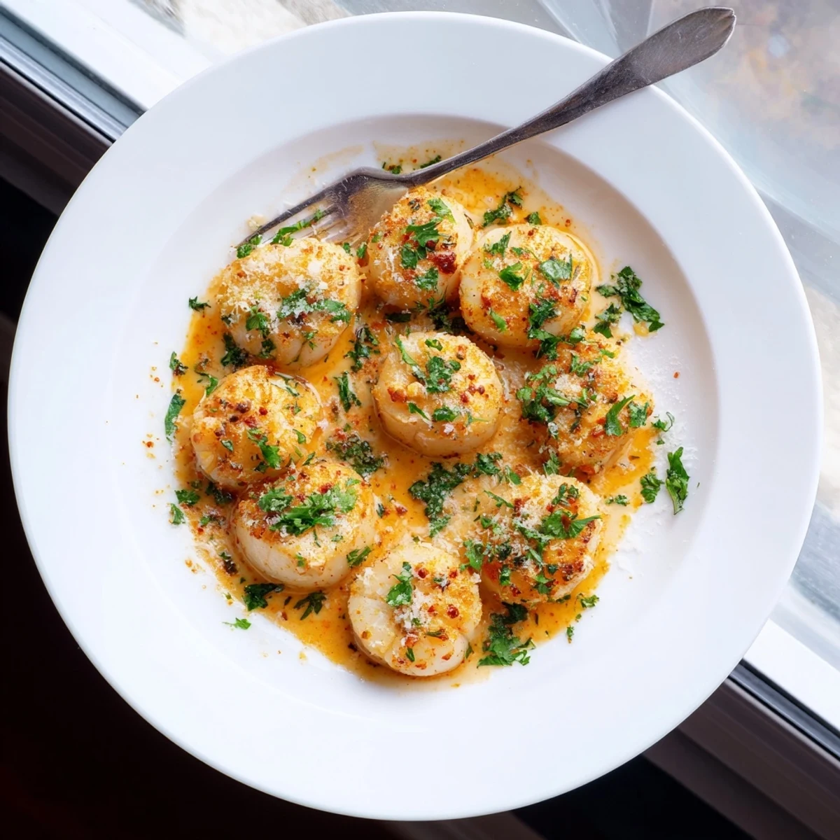 Golden pan-seared scallops resting in a rich spicy Cajun cream sauce with fresh parsley garnish