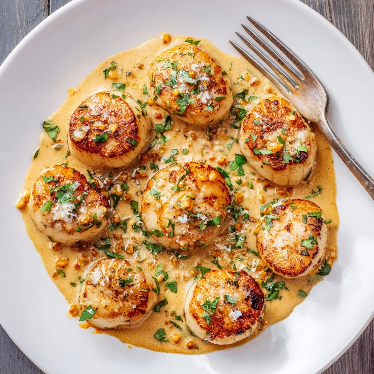 Seared scallops topped with smooth red pepper cream sauce and chopped parsley for elegant dinner
