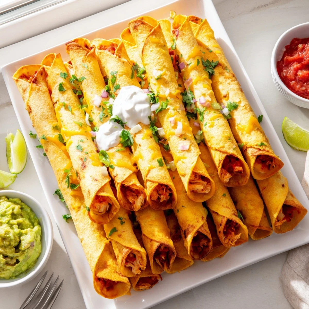 Golden crispy chicken taquitos baked to perfection with melted cheese and seasoned chicken filling