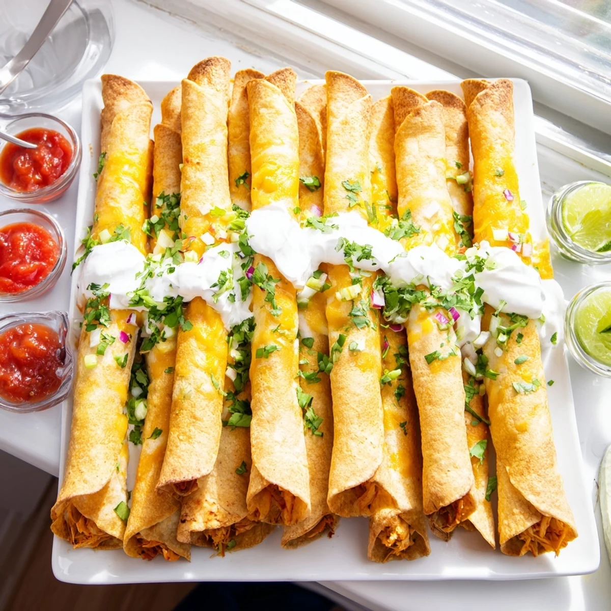 Rolled corn tortillas stuffed with spiced chicken and cheese baked until golden and crunchy