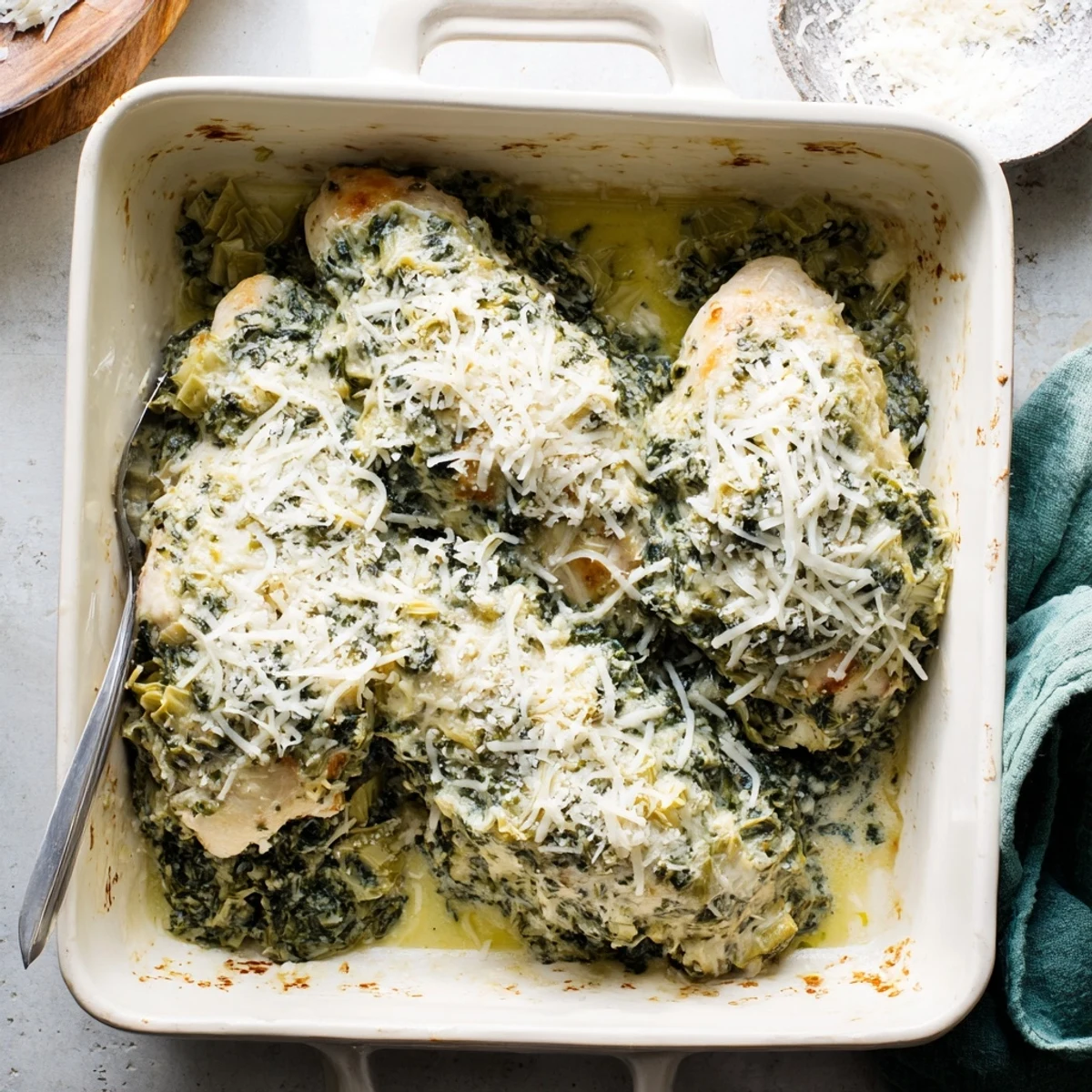 Golden bubbling spinach and artichoke chicken bake fresh from the oven with melted mozzarella topping
