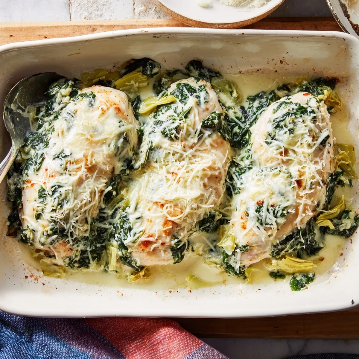 Creamy spinach and artichoke chicken casserole served on a white plate with fresh herbs