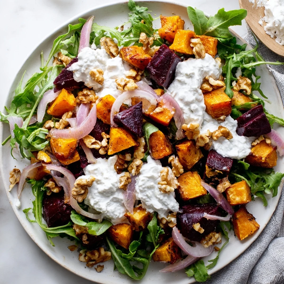 Golden roasted beets and sweet potatoes topped with crumbled feta and walnuts on a bed of fresh arugula
