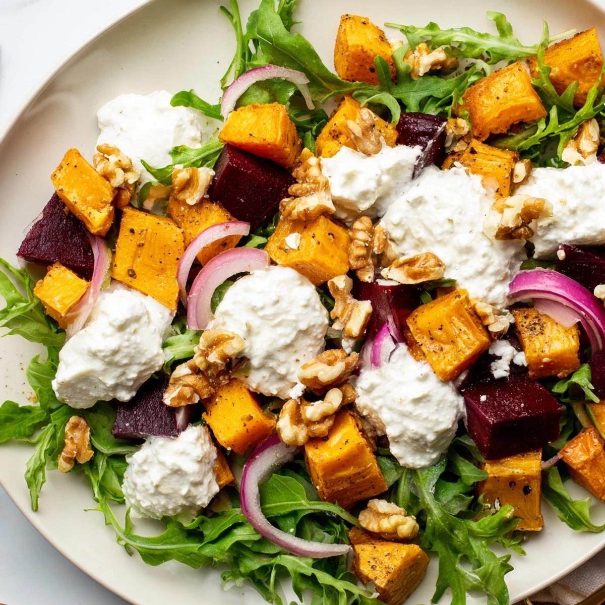 Colorful bowl of creamy roasted beet salad with sweet potato and feta cheese drizzled with yogurt dressing