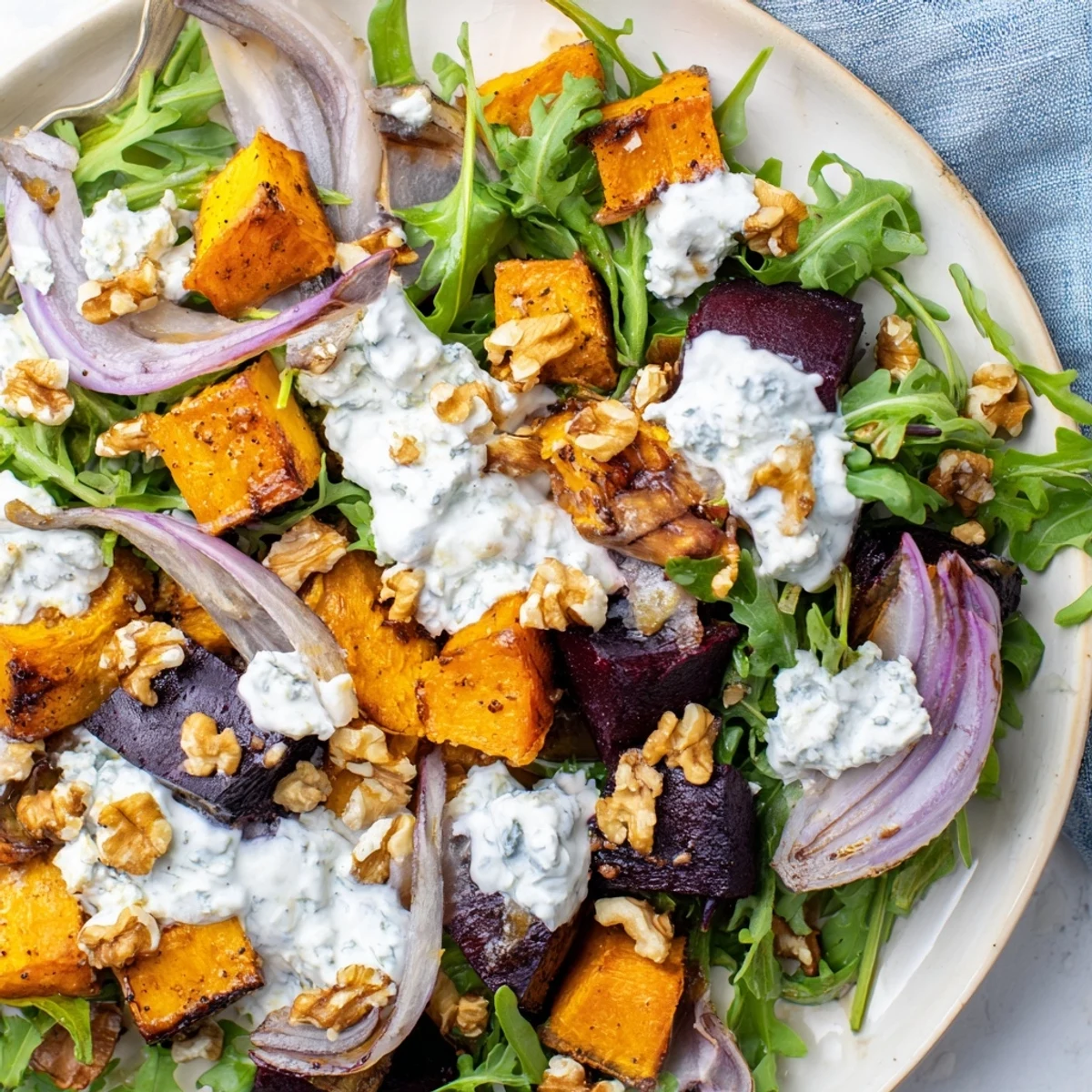 Vibrant Mediterranean-style salad featuring tender roasted root vegetables, creamy feta, and tangy yogurt dressing