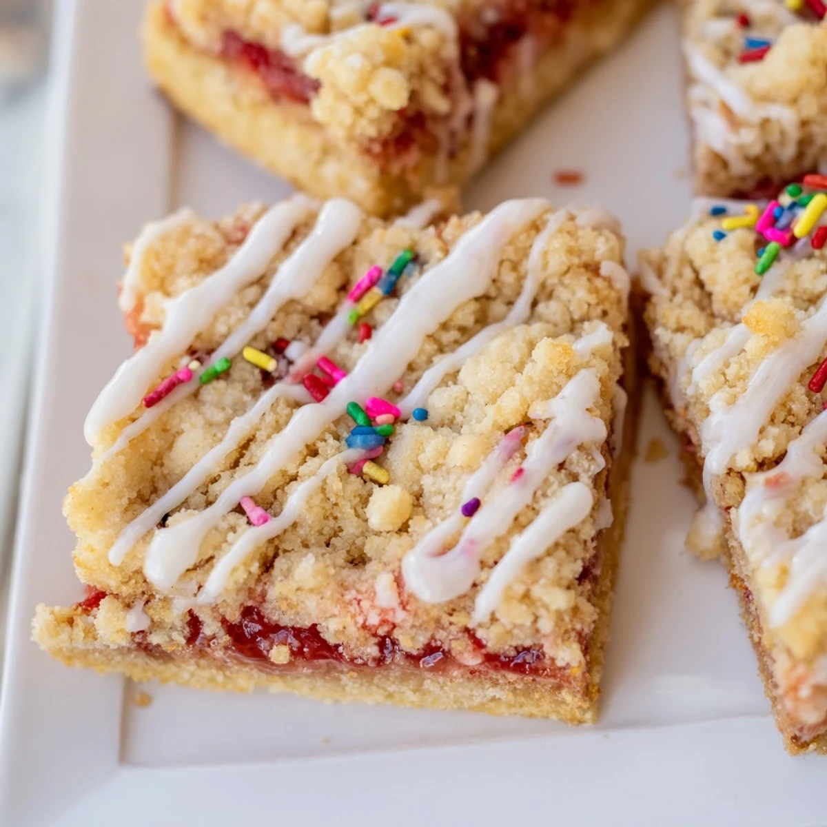 Golden Poptart Cookie Bars with strawberry jam layer and white glaze topped with colorful sprinkles