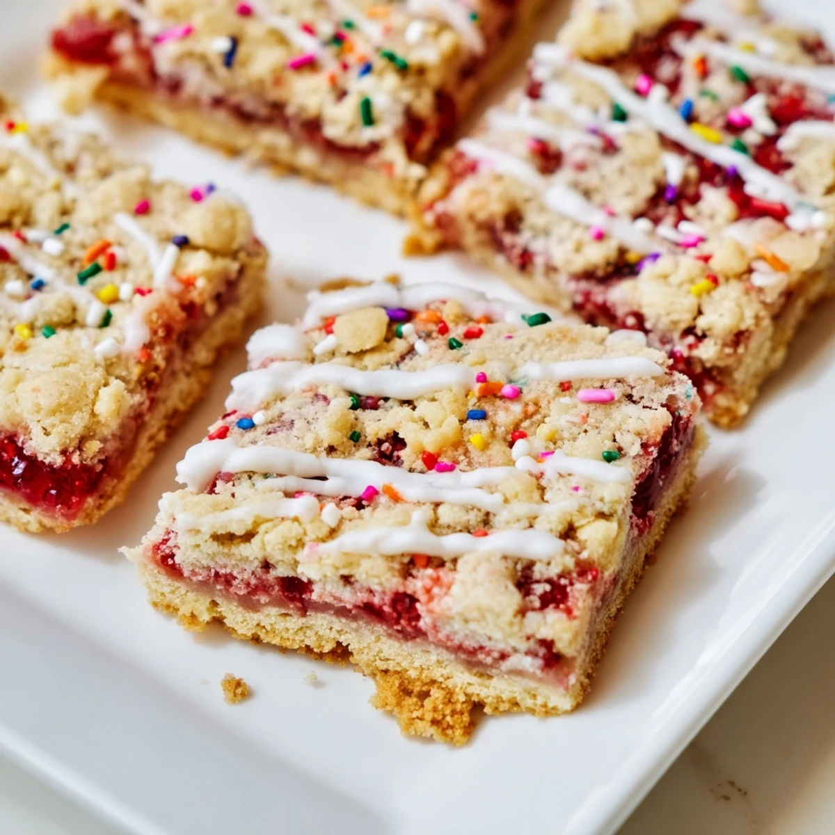 Homemade Poptart Cookie Bars feature crumbled cookie topping over jam with drizzled icing and rainbow sprinkles