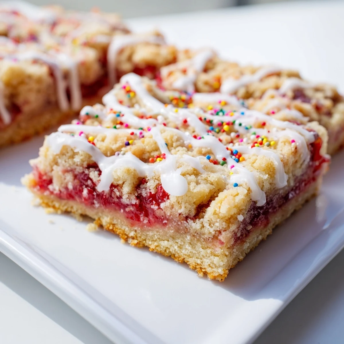 Soft sugar cookie base layered with fruity jam and sweet vanilla glaze on these nostalgic bars