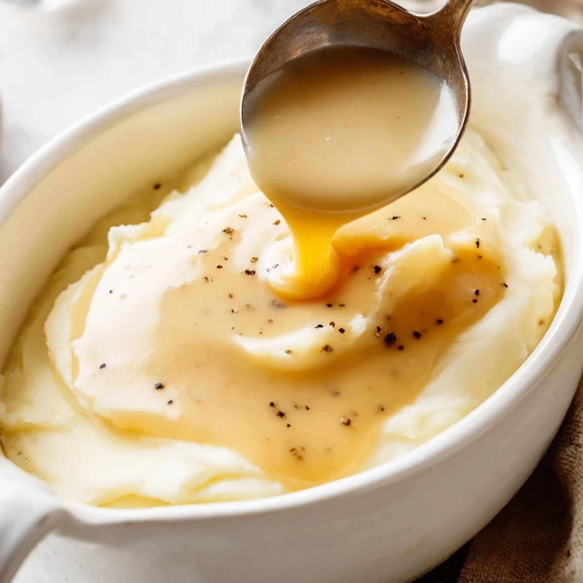 Rich homemade gravy poured generously over fluffy mashed potatoes and roast turkey