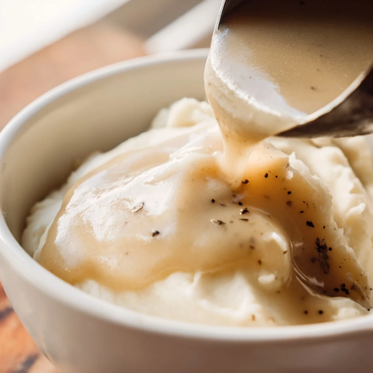 Golden homemade gravy ladled from saucepan displaying smooth velvety texture and deep color