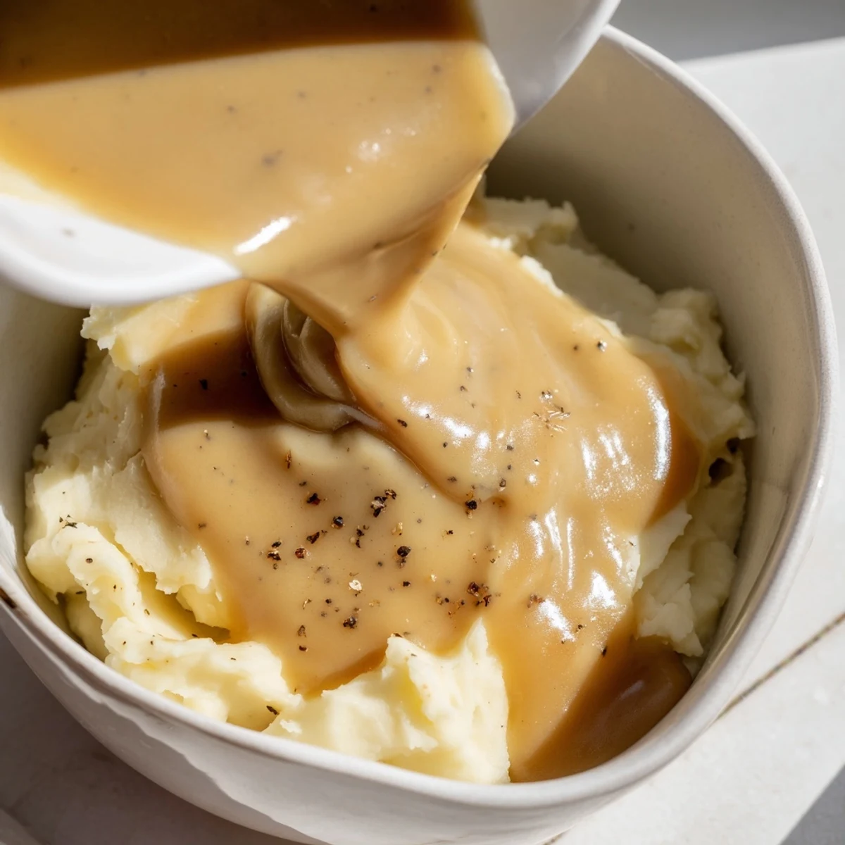 Savory homemade gravy drizzled over comforting Thanksgiving plate with roasted turkey and sides