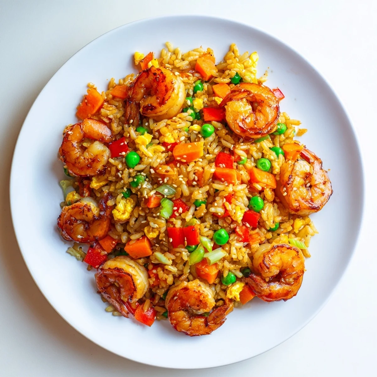 Golden garlic prawns arranged over colorful sweet chilli fried rice with crisp vegetables