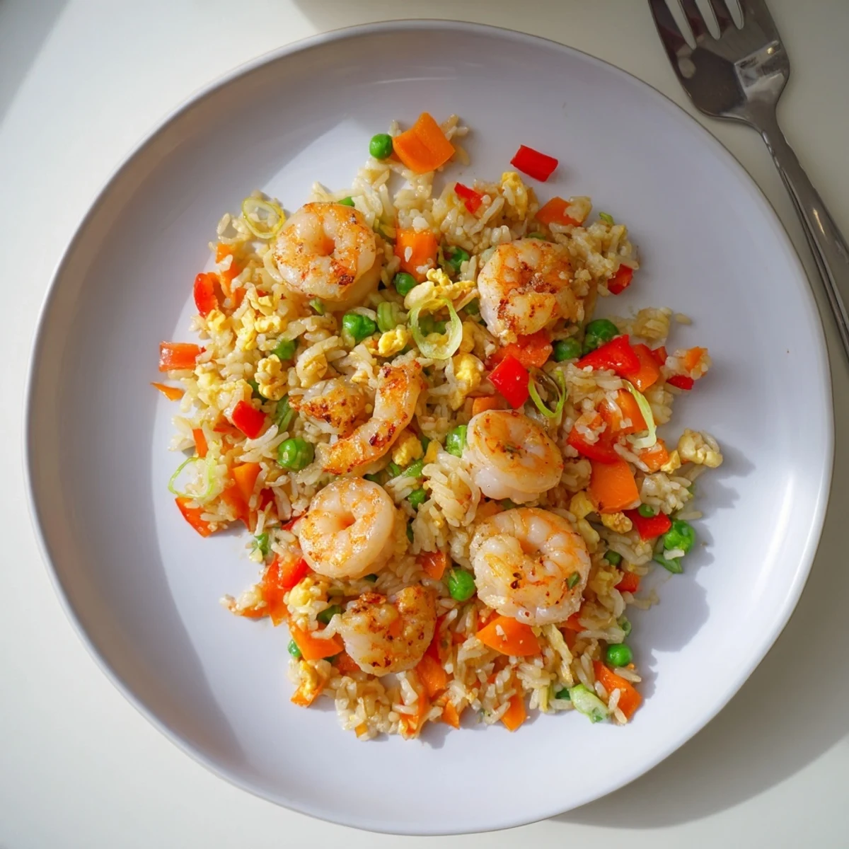 Steaming plate of garlic prawns and sweet chilli fried rice garnished with fresh spring onions