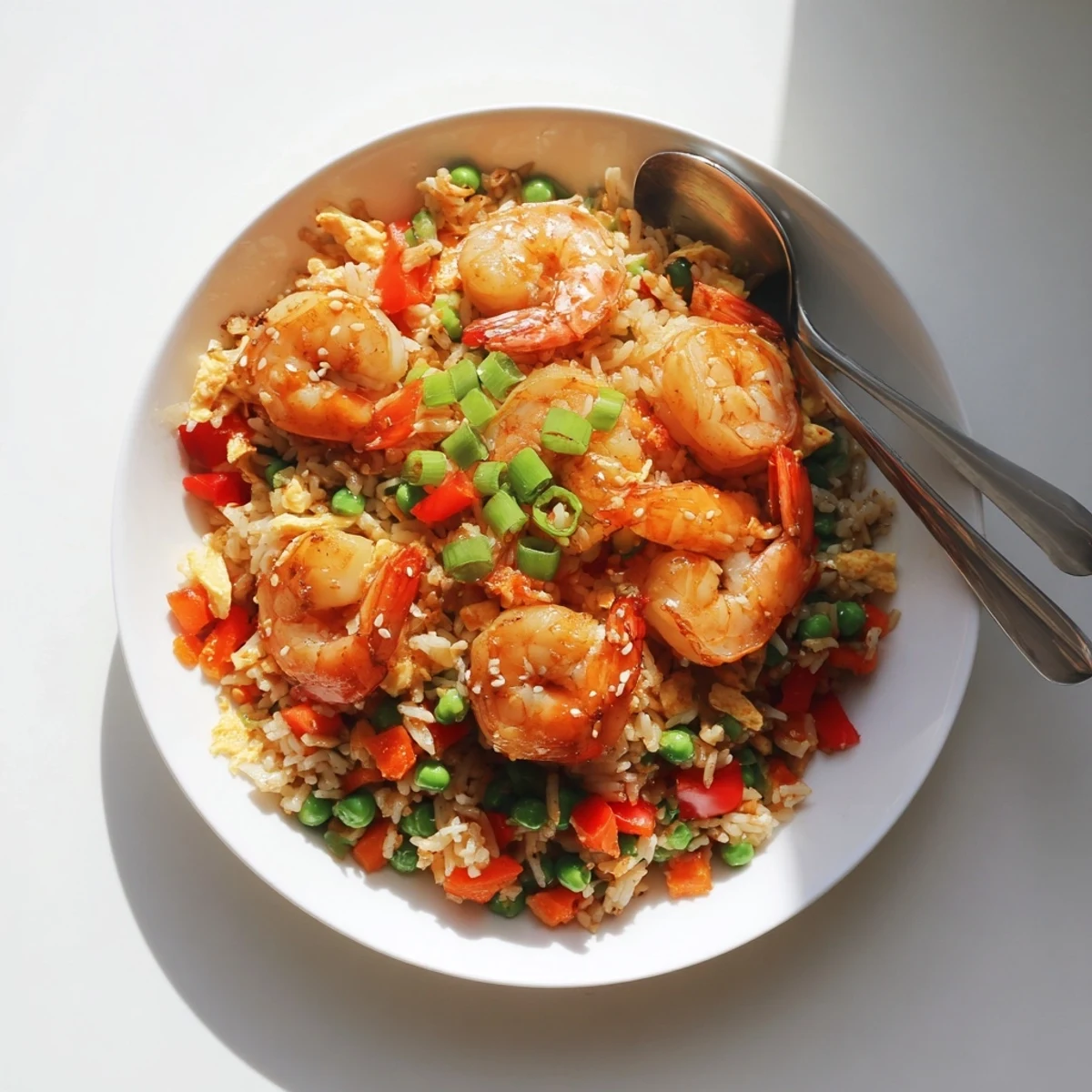 Asian fusion garlic prawns and sweet chilli fried rice featuring tender shrimp and fluffy rice