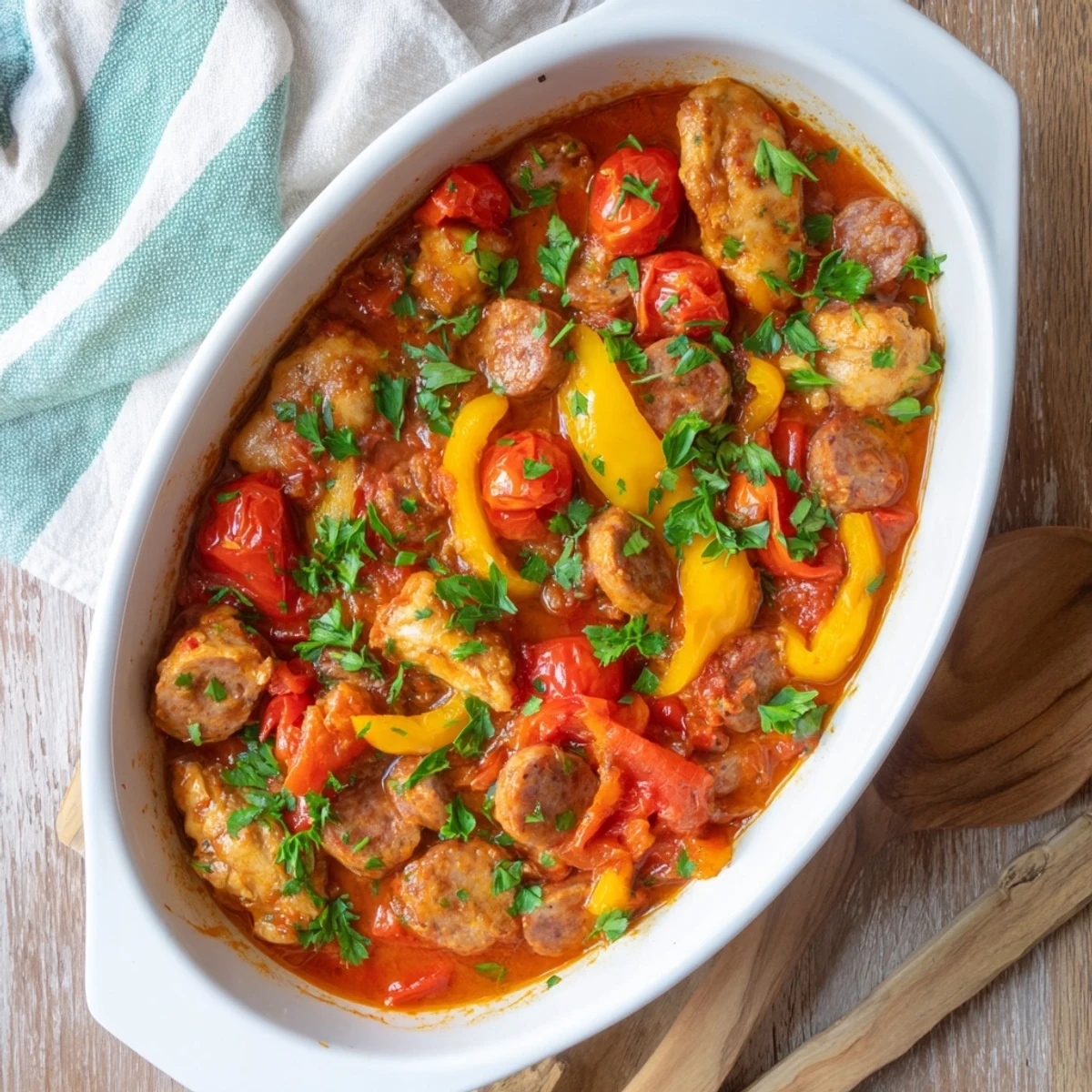 Hearty chicken chorizo and tomato casserole topped with fresh parsley and served with crusty bread