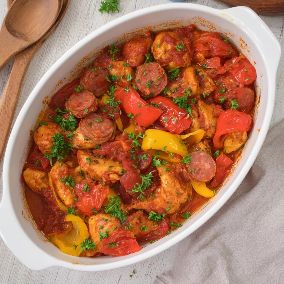 Golden chicken chorizo and tomato casserole bubbling in a Dutch oven with colorful bell peppers