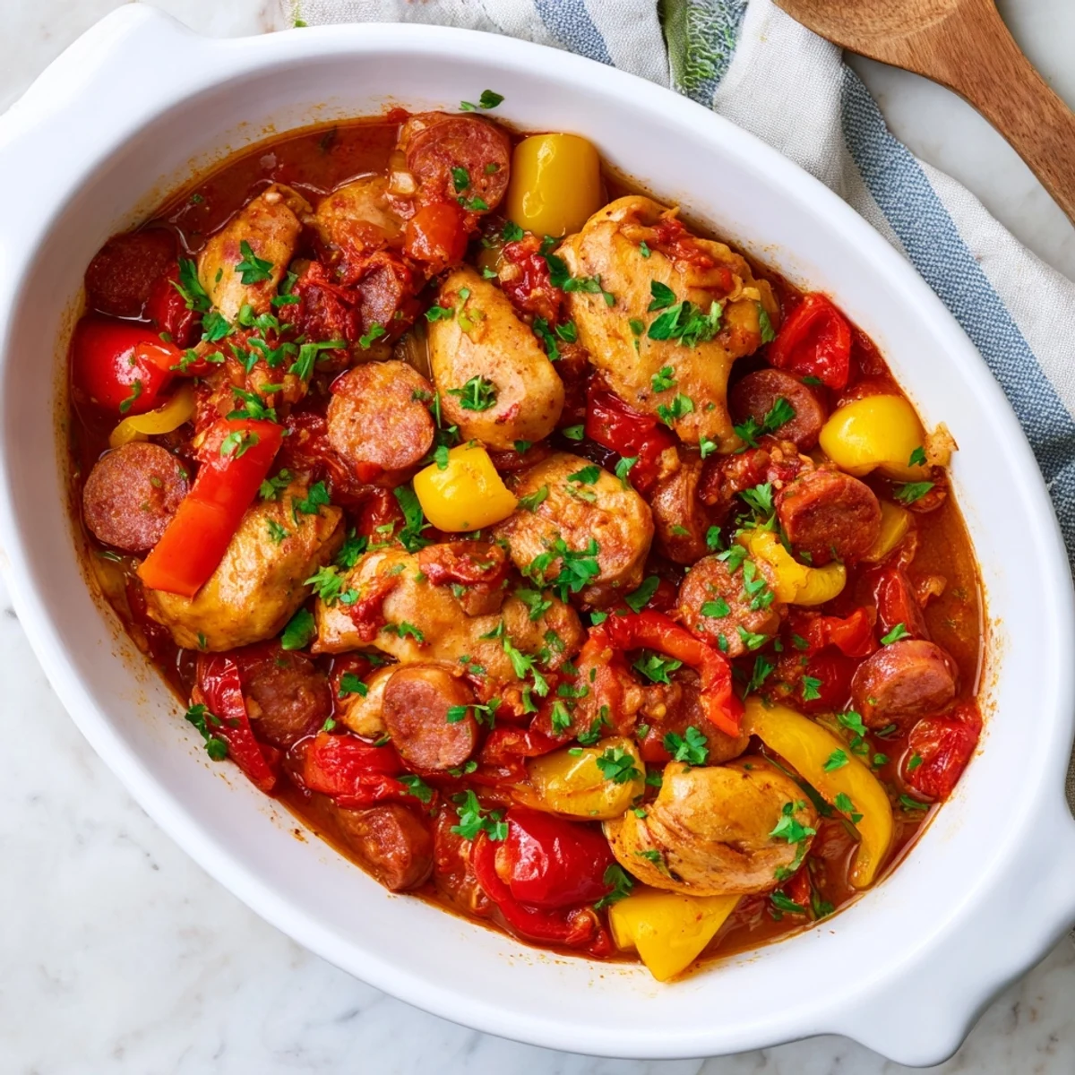 One-pot chicken chorizo and tomato casserole featuring tender meat chunks in rich red tomato sauce