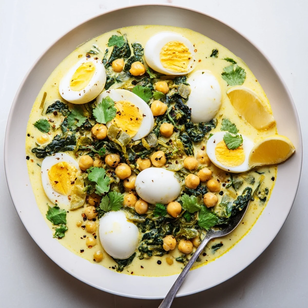 Creamy mild egg korma with chickpeas and spinach served in a rustic bowl
