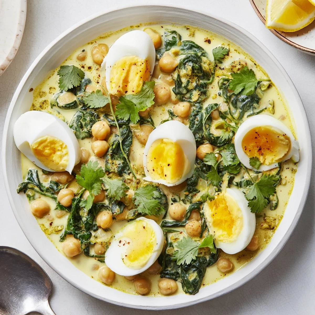 Golden halved eggs nestled in aromatic korma sauce with chickpeas and fresh wilted spinach