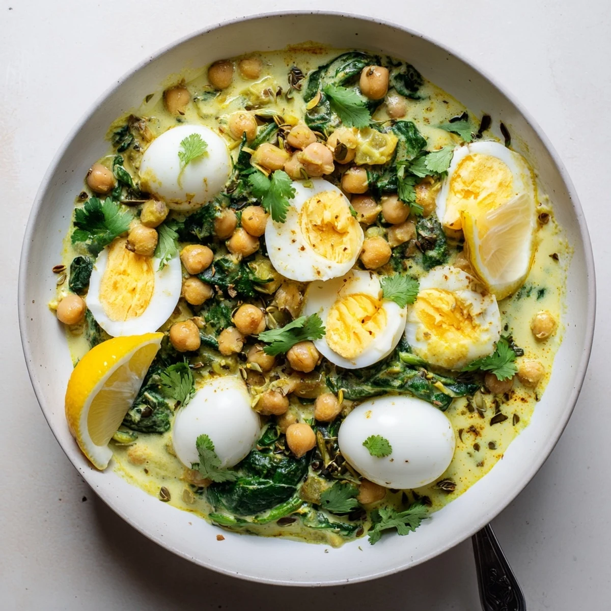 Vegetarian egg korma featuring tender eggs, hearty chickpeas, and vibrant green spinach in creamy sauce
