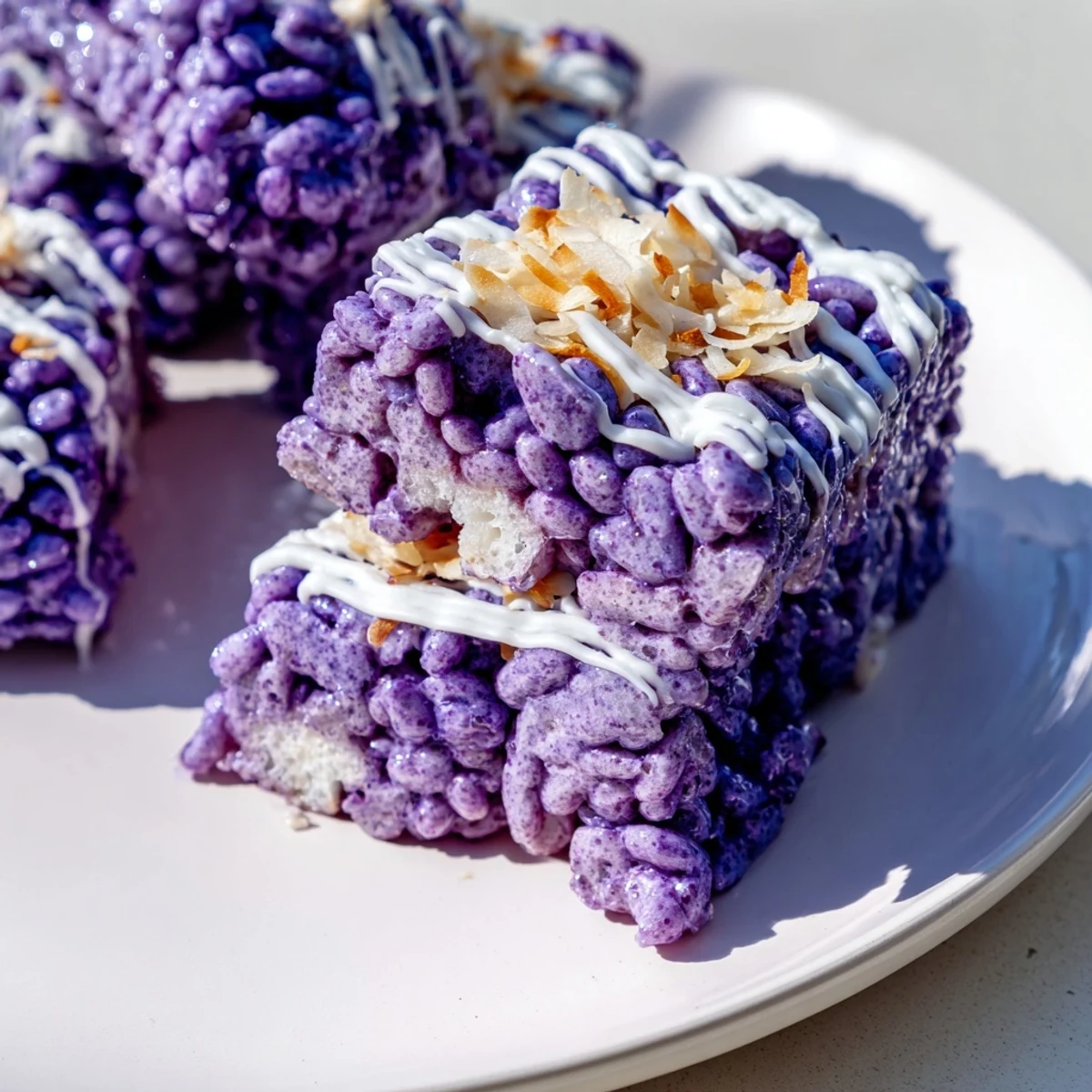 Vibrant purple ube rice krispie treats drizzled with white chocolate and toasted coconut flakes
