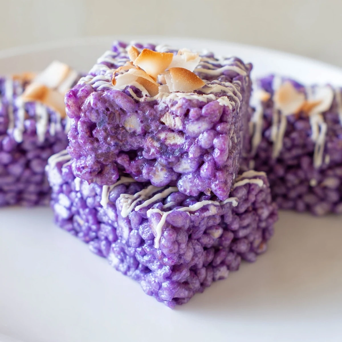 Chewy ube rice krispie squares in a baking pan ready to cut and serve