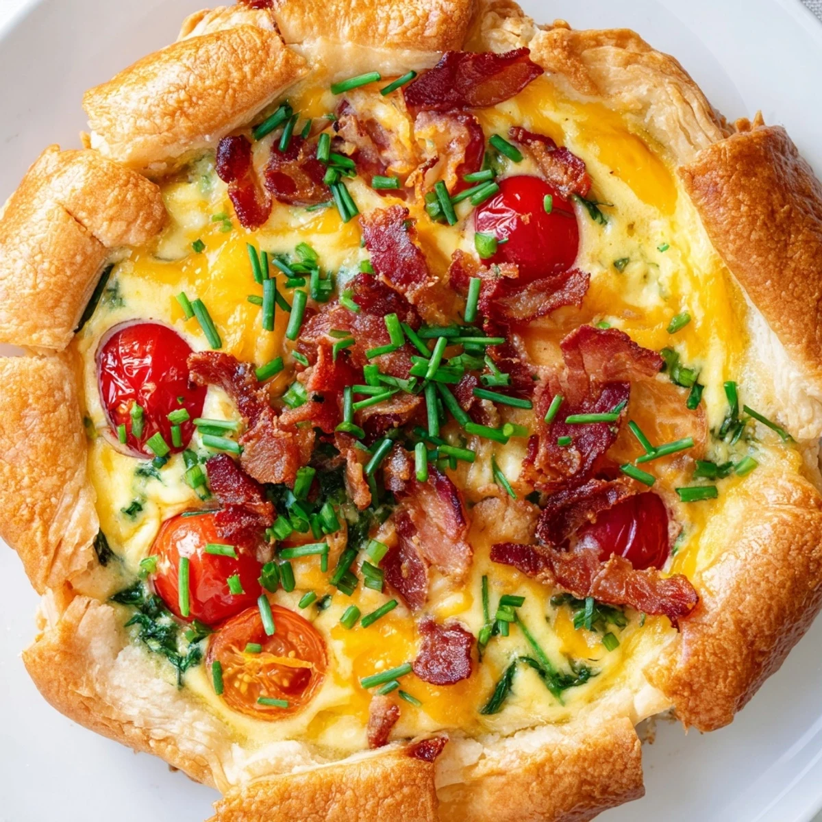 Golden family breakfast tart with flaky puff pastry, savory egg custard, crisp bacon, and melted cheddar on a rustic wooden board