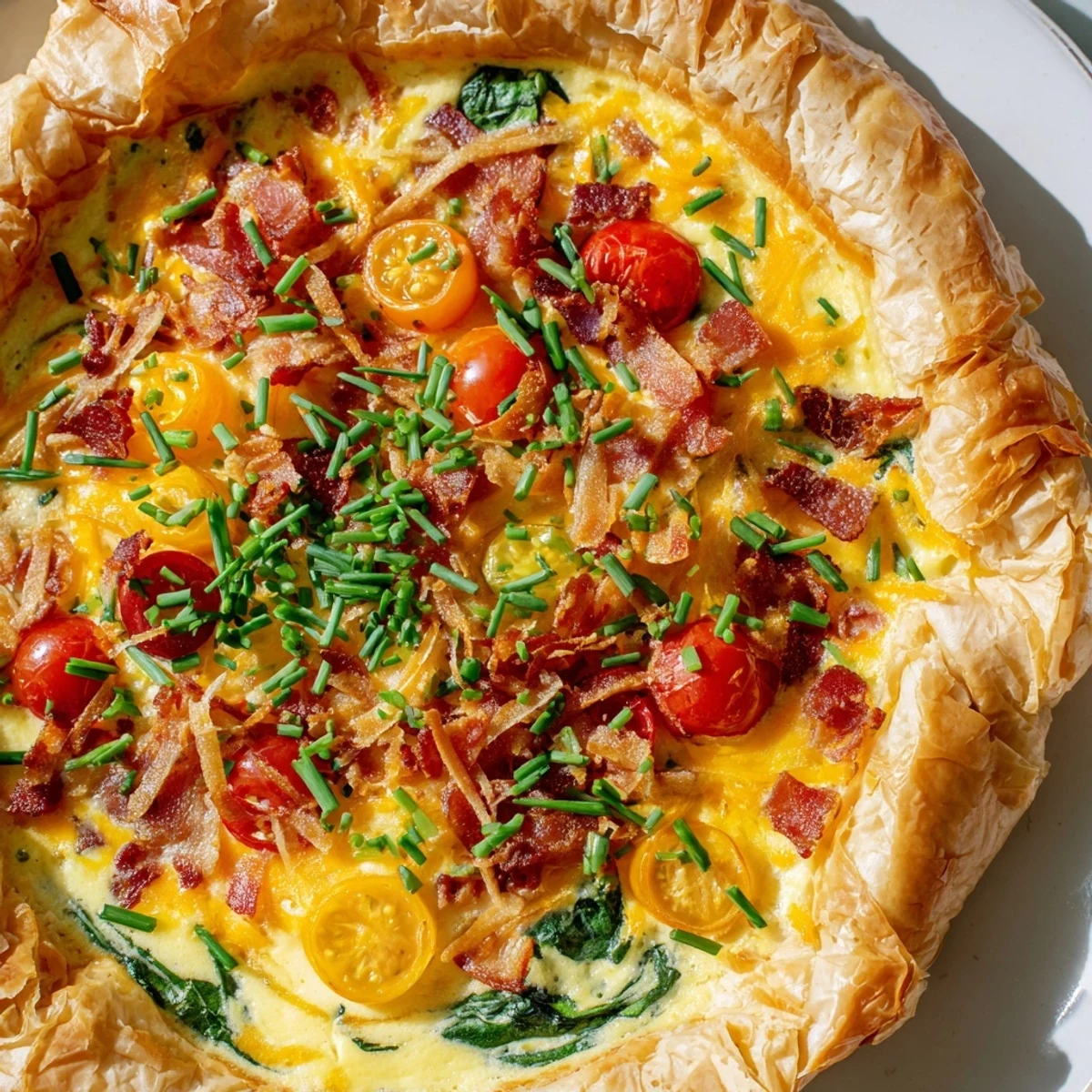 Sliced family breakfast tart revealing creamy egg filling, colorful cherry tomatoes, fresh spinach, and golden bacon pieces on a white serving plate