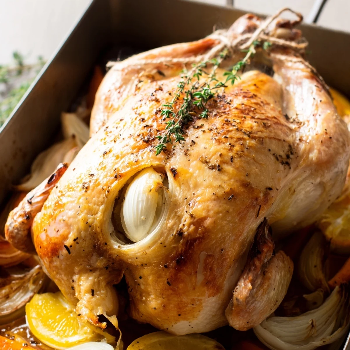 Mediterranean-style roast garlic and lemon chicken carved to reveal juicy meat surrounded by fresh thyme and lemon wedges