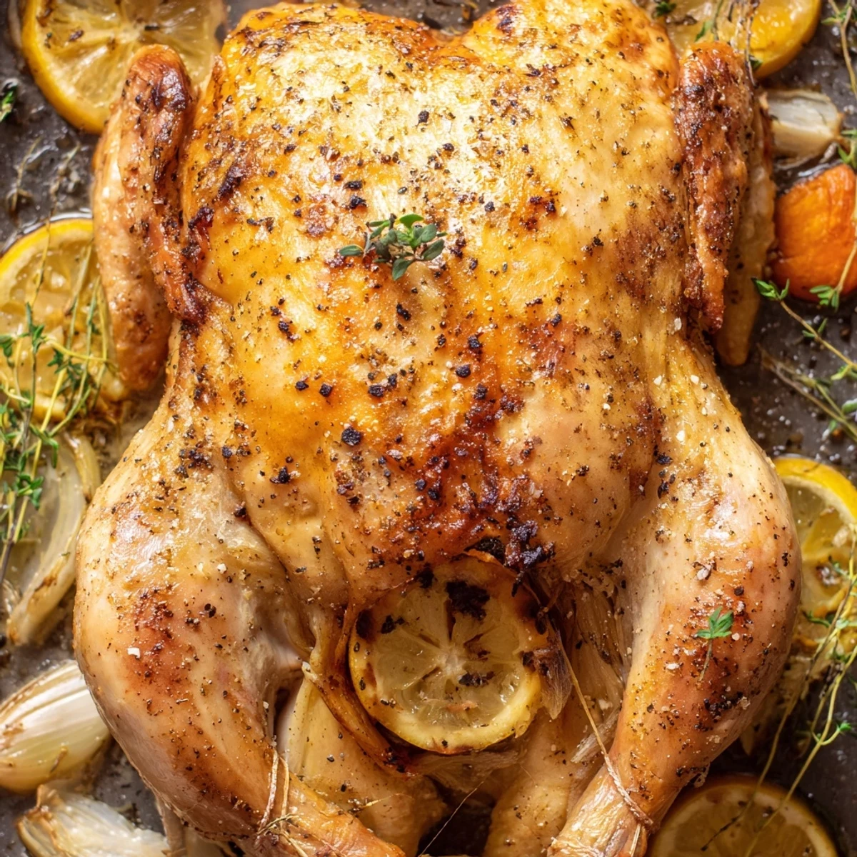 Golden whole roast garlic and lemon chicken with crispy skin resting on a roasting pan with caramelized vegetables