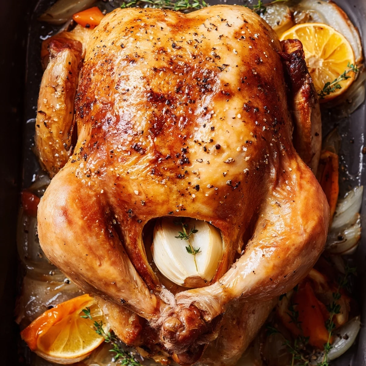 Succulent whole roast garlic and lemon chicken plated with pan juices and roasted carrots for a gluten-free dinner