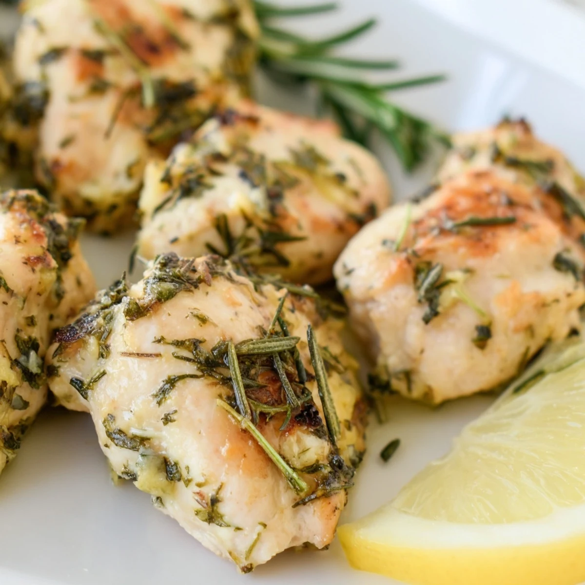 Golden roasted Spring Garlic Herb Chicken garnished with fresh chives and lemon wedges
